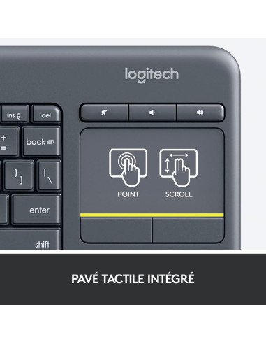Logitech K400 Plus Clavier Sans Fil Touch TV Avec Contrôle Média et Pavé Tactile, Clavier Francais AZERTY - Noir