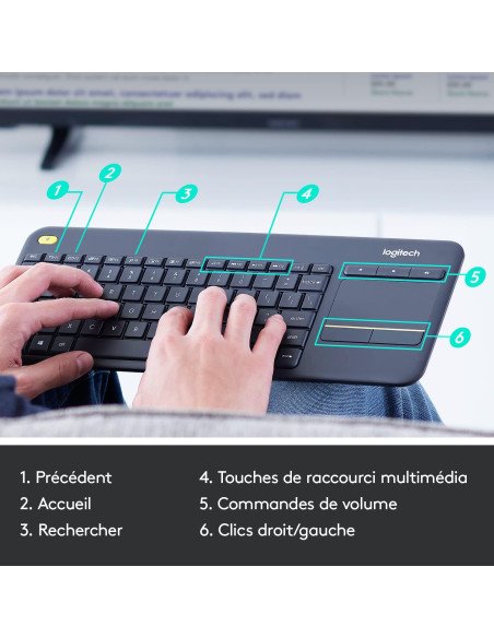 Logitech K400 Plus Clavier Sans Fil Touch TV Avec Contrôle Média et Pavé Tactile, Clavier Francais AZERTY - Noir