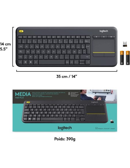 Logitech K400 Plus Clavier Sans Fil Touch TV Avec Contrôle Média et Pavé Tactile, Clavier Francais AZERTY - Noir