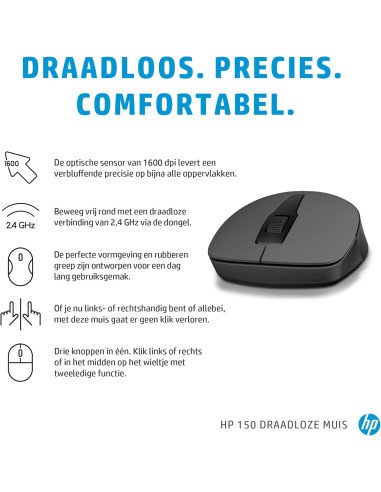 HP 150 Souris sans Fil 1600 DPI pour gaucher et droitier Dongle USB-A Noir único