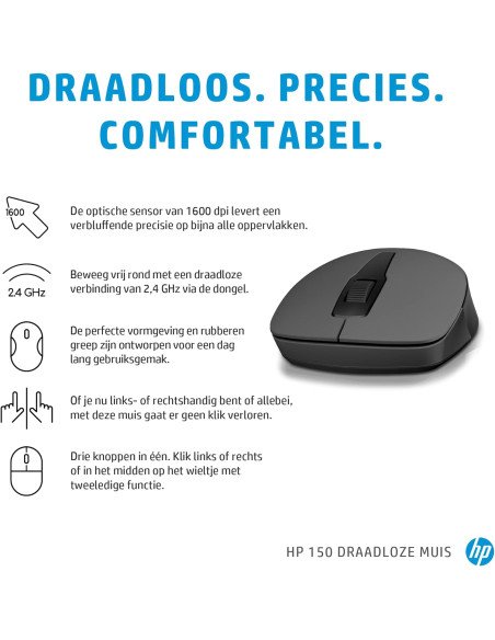 HP 150 Souris sans Fil 1600 DPI pour gaucher et droitier Dongle USB-A Noir único