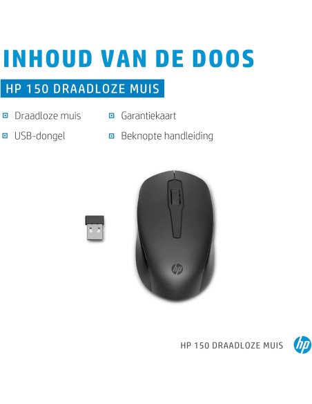 HP 150 Souris sans Fil 1600 DPI pour gaucher et droitier Dongle USB-A Noir único